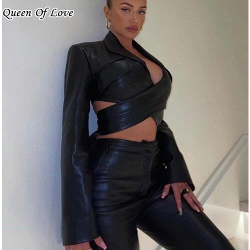 Sexy Pu Leather Long Sleeve Crop Top 2021 Autumn Fashion Streetwear Cut Out Lace UP Bandage Short Shirt Coat Women Outfit