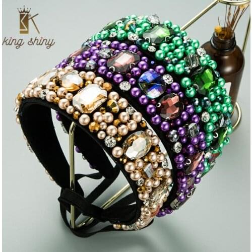 Gorgeous Baroque Geometric Crystal Headband for Woman Vintage Colorful Simulated Pearl Princess Hairband Girls Party Headpieces