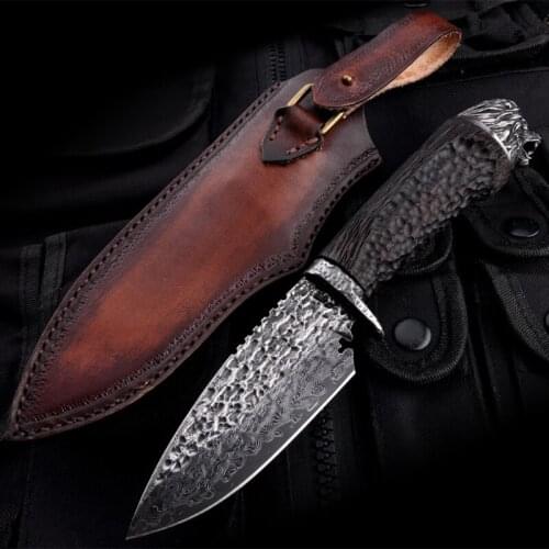 High hardness VG10 Damascus straight knife stereo lion sculpture collection knife A sharp outdoor camp portable knife