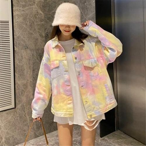 2021 Spring Autumn Fashion New Style Loose Lapel Long Sleeve Color Tie Dye Street Fried Denim Jacket Womens Top Trend H123