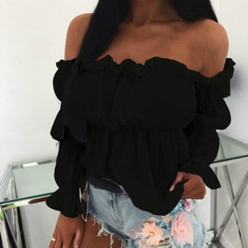 Women Sexy Solid Color Long Sleeve Off Shoulder Ruffled Edges Short Blouse Top Off Shoulder Ruffled Edges Short Blouse Top
