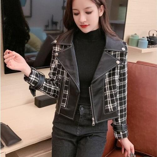 Plaid stitching PU wind leather short jacket women autumn winter 2020 new all-match motorcycle clothes woolen short coat female