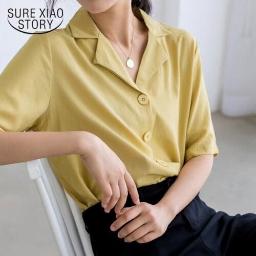Summer Casual Ladies Clothing Short Sleeve Button Fashion Regular Vintage Blouse Women 2021 Solid White Notched Collar 5247 50