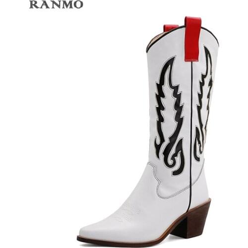 Retro Western Cowboy Boots for Women Pointed Toe Womens Shoes Brand Embossing Suede Leather Shoes Mid-calf Chunky Wedges Boot