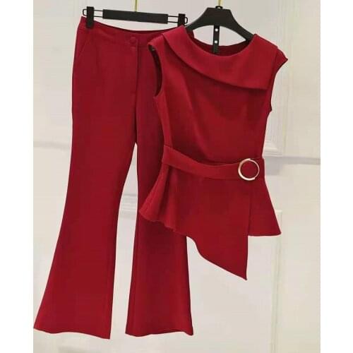 Top Quality Womens Set 2021 Autumn Pant Sets Ladies Ring Belt Deco Tops Coat+Flare Leg Long Pant Suits Wine Red Black XXL Size