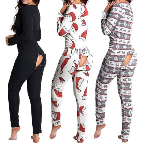 Women Christmas jumpsuit With Butt Flap For Adults Sexy Sleepwear Romper Womens Open Butt Pajamas Xmas Pyjama Long Nighties