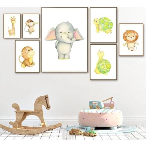 Cartoon Canvas Painting Cute Baby Rabbit Lion Giraffe Turtle Poster Animals Toy Wall Art Pictures for Kids Room Nusery Decor