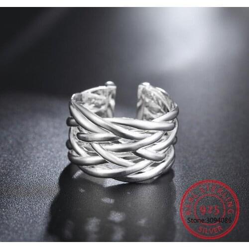 925 Sterling Silver Open Ring INS Minimalist Multi-layer Weaving Lines Finger Ring For Women Statement Adjustable Ring