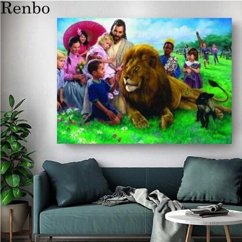 Jesus Children Play on Grassland Diamond Embroidery Mosaic Art 5D Diy Diamond Painting Animal Lion Cross Stitch Home Decoration