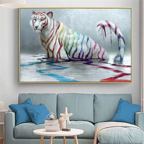 White Tiger with Colourful Stripes Canvas Painting Wall Art Nordic Posters and Prints Wall Pictures for Living Room Decoration
