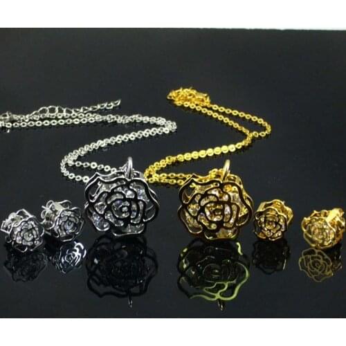 Free Shipping Cubic Zirconia Hollow Flower Earrings Necklace Gold Color / Silver Color Stainless Steel Jewelry Set
