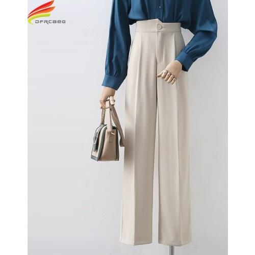 Pants 2021 Autumn High Elastic Waist Wide Leg Pant Korean Fashion Beige Or Black Full Length Trousers Women With Pockets