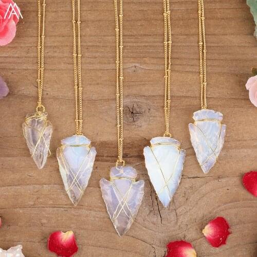 Gold Copper Wire Wrapped Natural Opal Stone Arrowhead Pendant Gold Chains Adjustable Necklace For Women Bohemia Jewelry Dropship