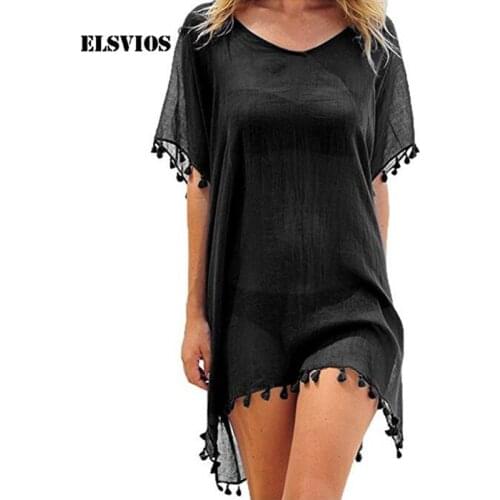 ELSVIOS Sexy Tassel Chiffon See-through Loose Beach Dress Women V-neck Solid Irregular Summer Dress Casual Mini Ladies Dresses