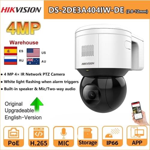 Hikvision IP Camera 4MP 4X IR PTZ Speed Dome DS-2DE3A404IW-DE PoE Built-in Mic & Speaker Audible Alarm IP66 H265+ With Bracket