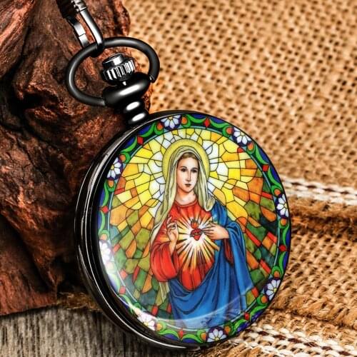 Exquisite Ladies Pocket Watch Virgin Mary Pattern Black Case White Arabic Numeral Dial Thick Chain Pendant Quartz Pocket Watch