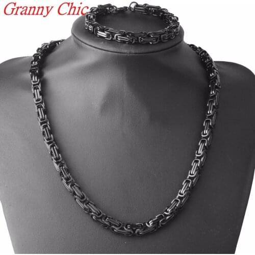 Granny Chic JEWELRY SET 4/5/8mm Mens Chain Boys Bracelet Black Box Byzantine Link Stainless Steel 22" Necklace 8.6" Bracelet Set