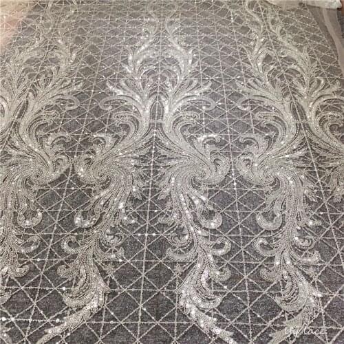 2020 Bridal Supper Luxury Top Quality Heavy Nude Mesh Shining Sequins Beads Embroidery Lace Fabric