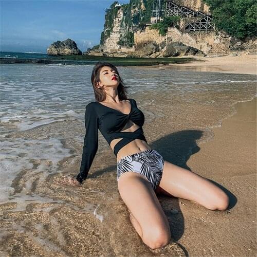 Long Sleeve Rash Guard Women Solid Two Pieces Swimsuit Sexy Bandage Tankini Push Up Swimwear Crop Top Surf Suit Black Bath Suit