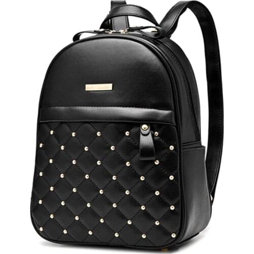 Fashion Rivets Studded Ladies Casual Backpacks Black Leather Student School Backpack Girls High Capacity Travel Bags
