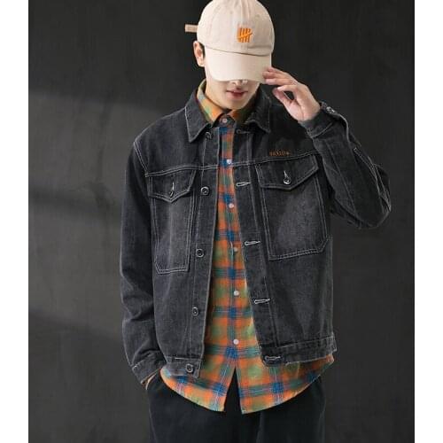 Mens fashion simple solid color embroidered denim jacket lapel single-breasted student big pocket autumn denim jacket