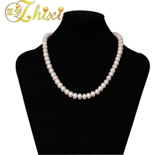 [ZHIXI Pearl Necklace Fine Jewelry Natural Freshwater Pearl Choker Maxi Classic White Woman Gift T007