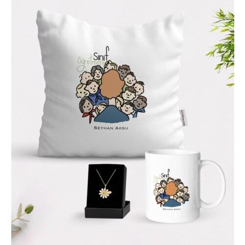 Personalized Class Teacher White Mug Cushion and Is Daisy Necklace Gift Seti-3