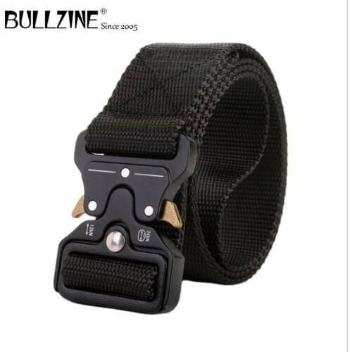 Bullzine Mens belt outdoor hunting metal tactical belt multi-function zinc alloy buckle Marine Corps canvas belt BC-10011