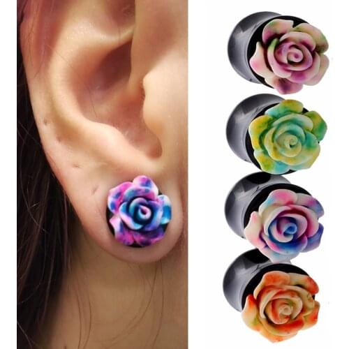 Pair Acrylic 3D Rose Flower Ear Plugs Flower Plug Tunnels Earring Gauges Ear Flesh Stretcher Expander Piercings SexyBody Jewelry