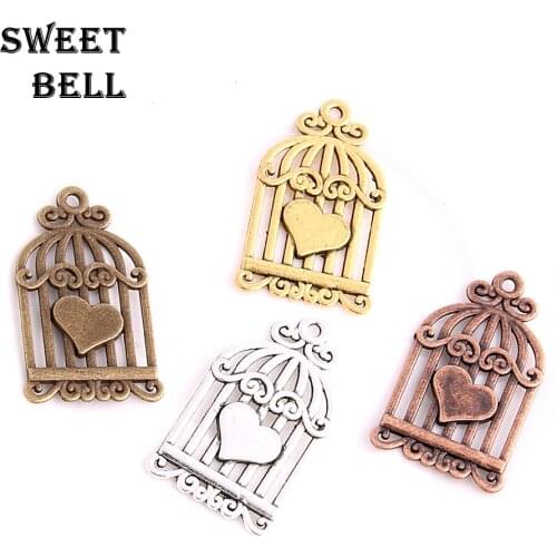 SWEET BELL 40pcs 19*32mm 4 color Heart Birdcage Charms Pendants for Jewelry Making DIY Handmade Birdcage Pendant Charms 4D791