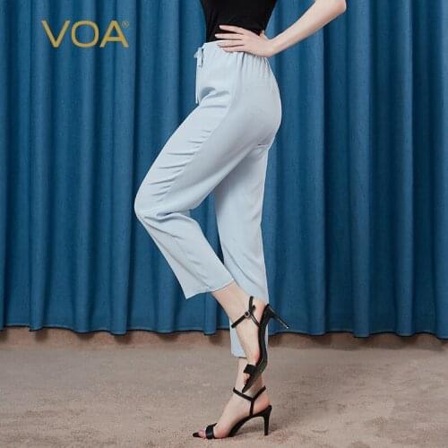 VOA heavy silk 36m/m drawstring elastic waist wide hips long crotch feet simple light blue micro elastic cropped trousers KE29