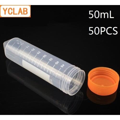 YCLAB 50PCS 50mL Centrifuge Tube EP Plastic Sharp Bottom Screw Mouth with Yellow Lid and Graduation Ethylene Propylene