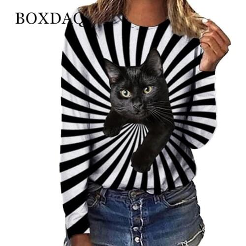 Women Clothes Black White Striped Funny Cat Print T Shirt Women Long Sleeve Fashion Tops Casual Streetwear Female Shirt Autumn