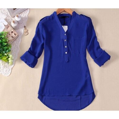 Black,White,Blue Women Chiffon Shirt 2019 Spring Summer Womens Long-sleeve Casual Chiffon Shirt V neck Blouse Pockets Plus Size