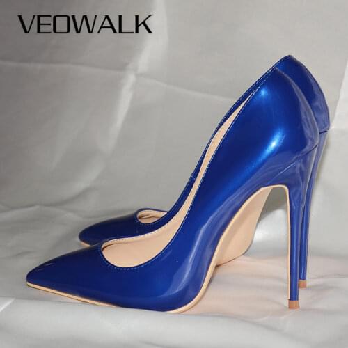 Veowalk Ruby Blue Women Patent Leather Super High Heels Elegant Ladies Slip-on Pointed Toe Stilettos Pumps Low-Cut Sexy OL Shoes