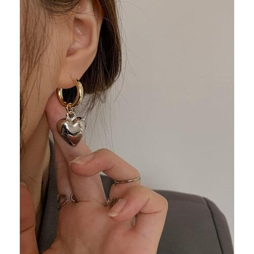 New 2021 Gold Silver Color Earring For Women Mixed Solid Heart Pendant Hoop Earrings Street Style Korean Fashion Jewelry