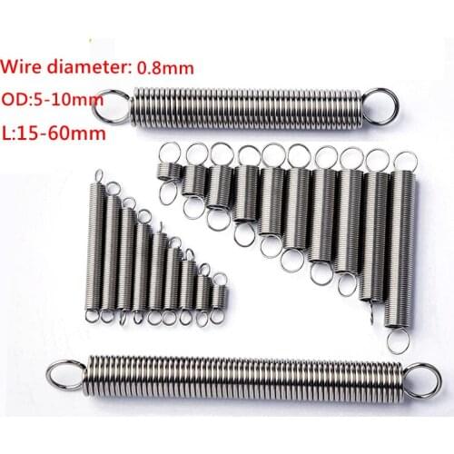 10PCS 304 Stainless Steel Wire Diameter 0.8mm Tension Spring OD 5-10mm Length 15-60mm Pullback Draught Extension Spiral Spring