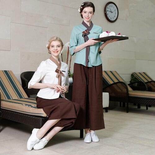 New Fashion Korean Style SPA Clothes 2020 Special Design Bow Tie Top+Wide Leg Trousers 2pcs Women Beauty Parlor Workwear