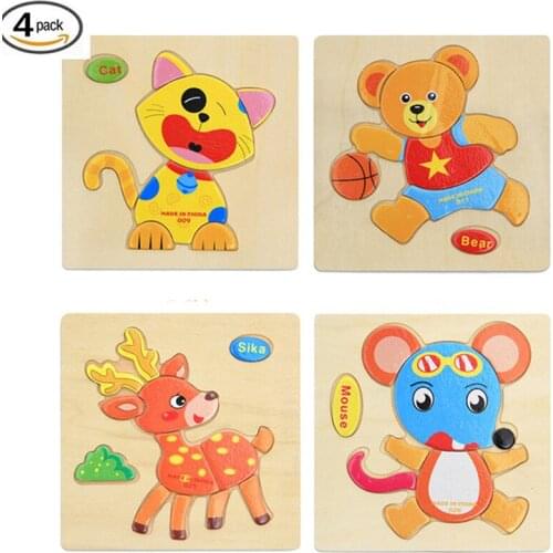 4pcs/set Cartoon Animals Wooden Puzzle Jigsaw 3D Puzzle Board Intelligence Early Learning Educational Toys for Kids