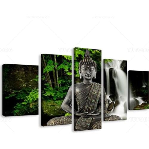 Home Decor Living Room Wall Pictures 5 Piece/Pcs Buddha Waterfall Art Painting Modular HD Printed Canvas Poster Frame
