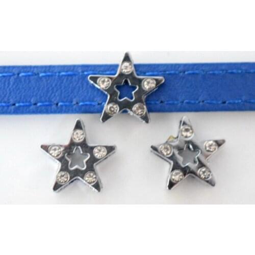 8mm Silver Crystal Star Slide Charms Flat Hole Metal Beads Keeper Fit 8mm Stainless Steel Mesh Bracelets DIY Jewelry Making