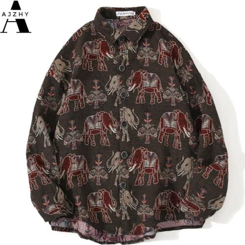 AJZHY National Style Knitted Elephant Patterns Color Block Button Shirts Harajuku Casual Long Sleeve Tops Streetwear Shirt Men