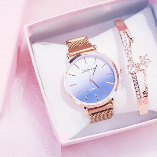 Fashion Gradation Color Watch Mesh Strap Watch Women Pentagram Pendant Bracelet Wristwatch Ladies Quartz Watch Relogio Feminino