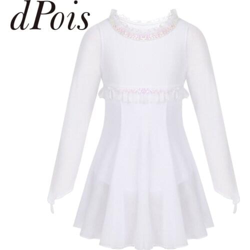 Kids Girls Skating Dress Long Sleeves Ballet Dress Sequins Ruffles Trimming Figure Ice Roller Skating Ballet Dance Leotard Dress