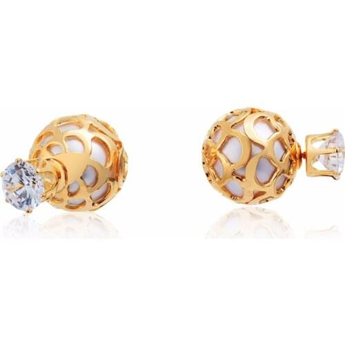 Double Side Ear Jacket Gold Color Pearl in Hollow Ball Six Claw AAA CZ Stud Earrings For Women Girls Front and Back Jewelry Aros