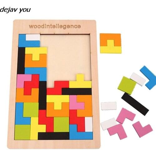 Colorful 3D Puzzle Wooden Tangram Math Toys Tetris Game Children Pre-school Magination Intellectual Educational Toy For Kids