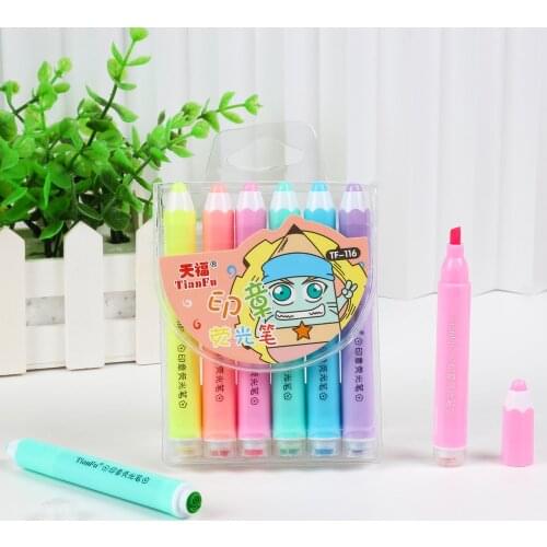 Pencil Shaped Stamp Highlighter Pen Double Ended Hexagonal Mini Fluorescent Marker 6 Pcs/ Bag Textmarker Students Kids Gift