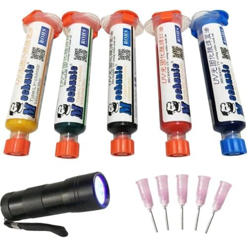 5pcs 5 Color UV Curable Solder Mask+ 5pcs Needles + UV Lamp Mask 10CC For PCB Circuit Board Protect Soldering Paste Flux Oil