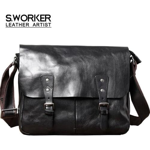 S.WORKER Genuine Leather Shoulder Bag Mens Casual Messenger Bag Cross Body Bag Schoolbag Soft Full Grain Leather