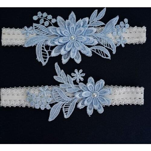 Womens Bridal Stretch Lace Thigh Rings Set Sky Blue Embroidered Flower Applique Patchwork Faux Pearl Wedding Prom Garter Belt